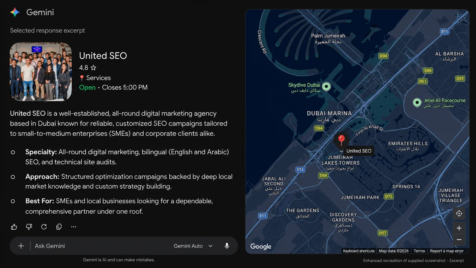 Gemini response describing United SEO as an all-round Dubai digital marketing agency, with its location in Jumeirah Lakes Towers on a map