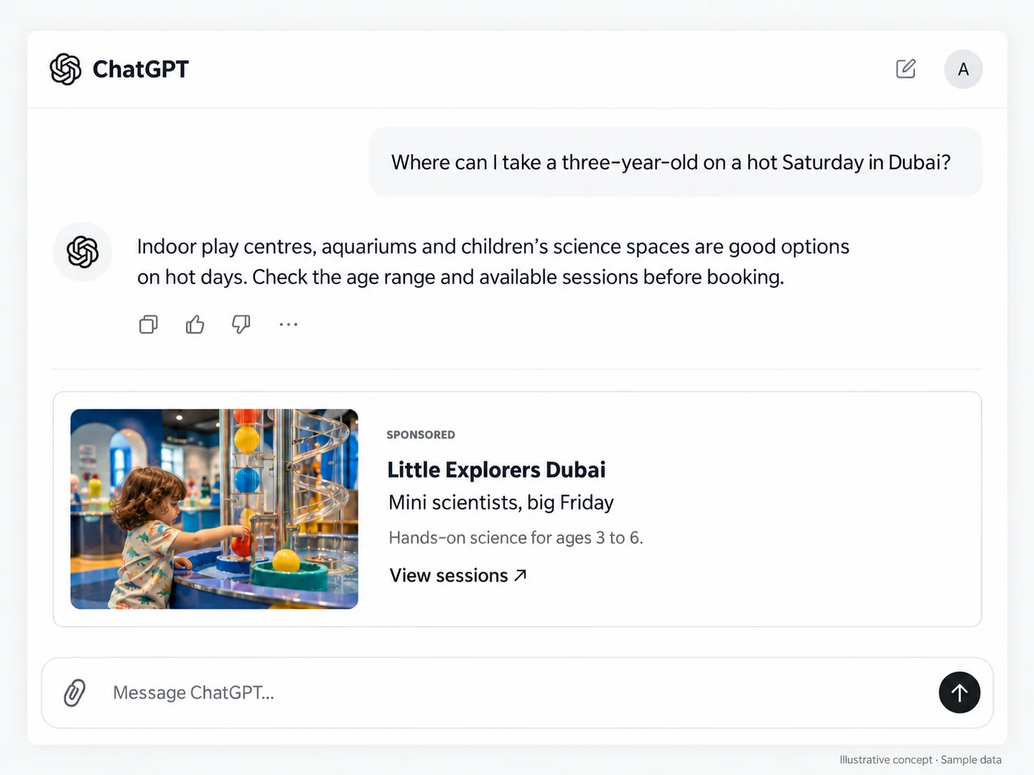 ChatGPT answering where to take a three-year-old on a hot day in Dubai, with a sponsored ad for a children's science centre underneath the answer